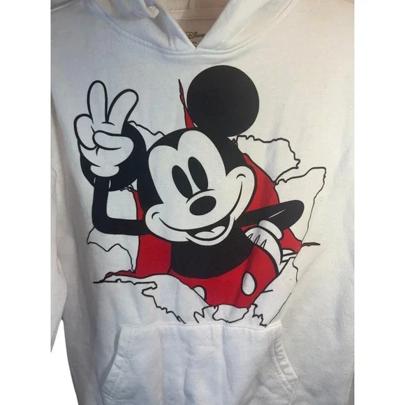 Disney Mickey Mouse White Graphic Hoodie Sweatshirt Womens Size XS Peace Sign - Picture 2 of 5